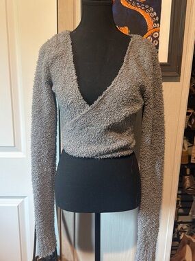 SKIMS Gray Fuzzy Wrap-Style Sweater